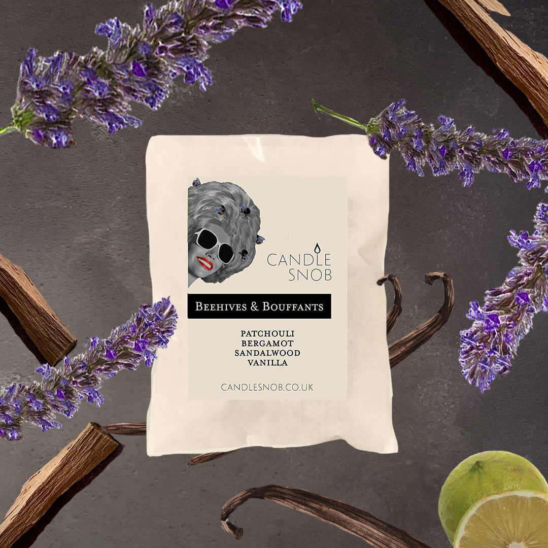 Beehives & Bouffants scented
wax melts by Candle Snob. Patchouli, bergamot, sandalwood and vanilla.