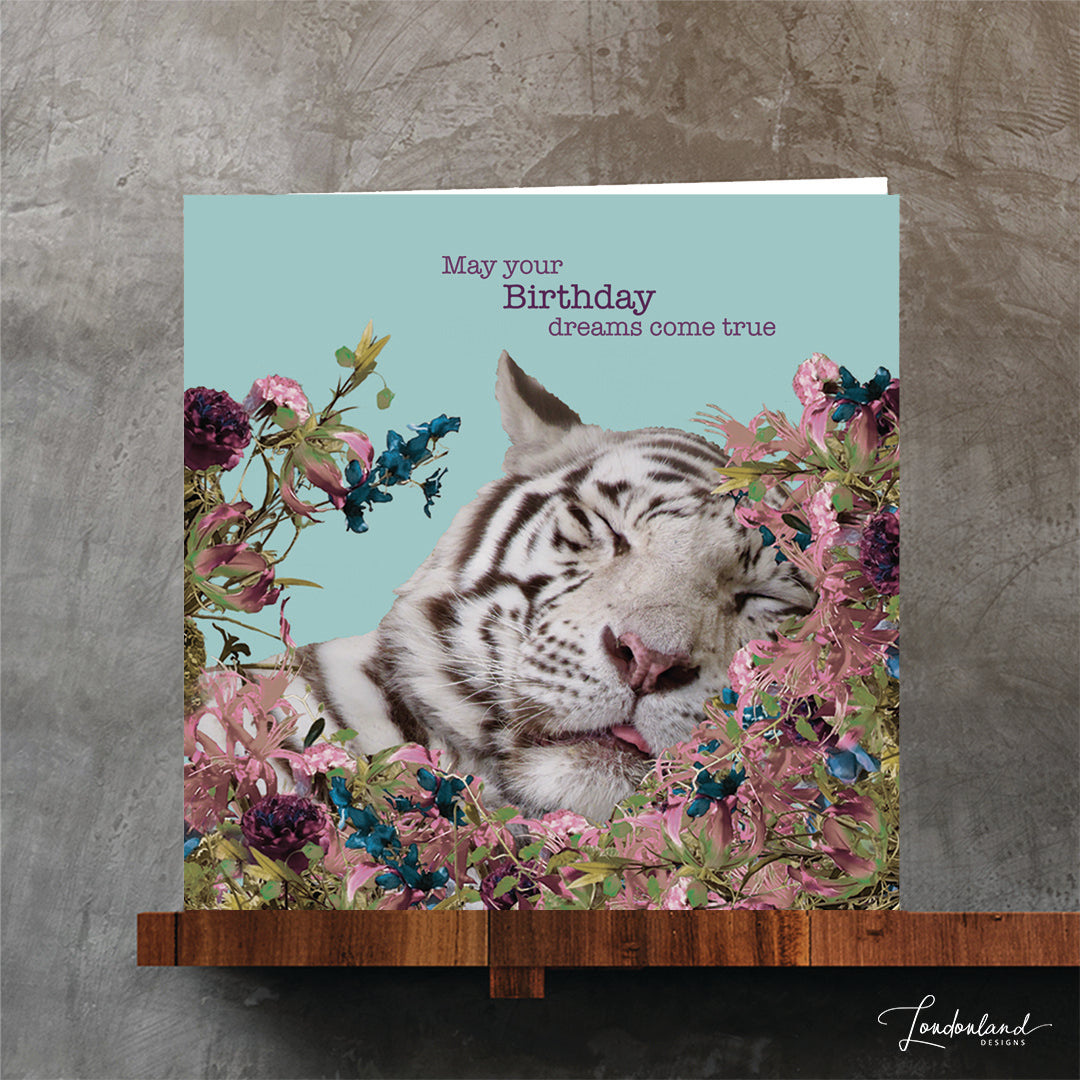 Sleeping snow tiger floral designer birthday card