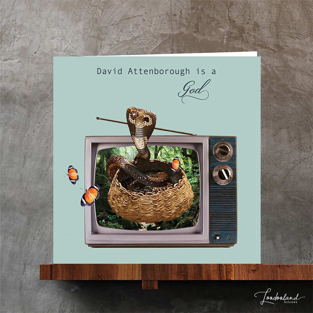David Attenborough God Greeting Card with Snake and TV