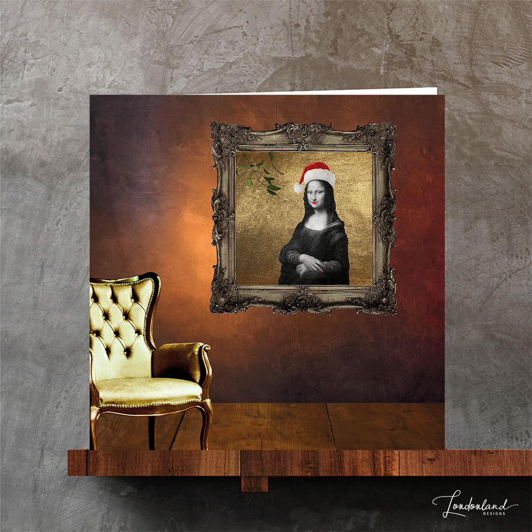 Festive Mona Lisa Christmas Card by Londonland Designs | Artwork on the wall in living room with old chair