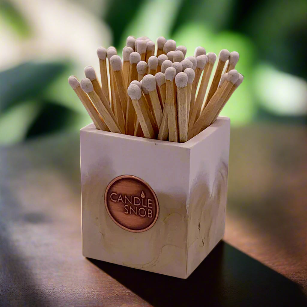 Match stick holder pot with long white matches for candles by Candle Snob