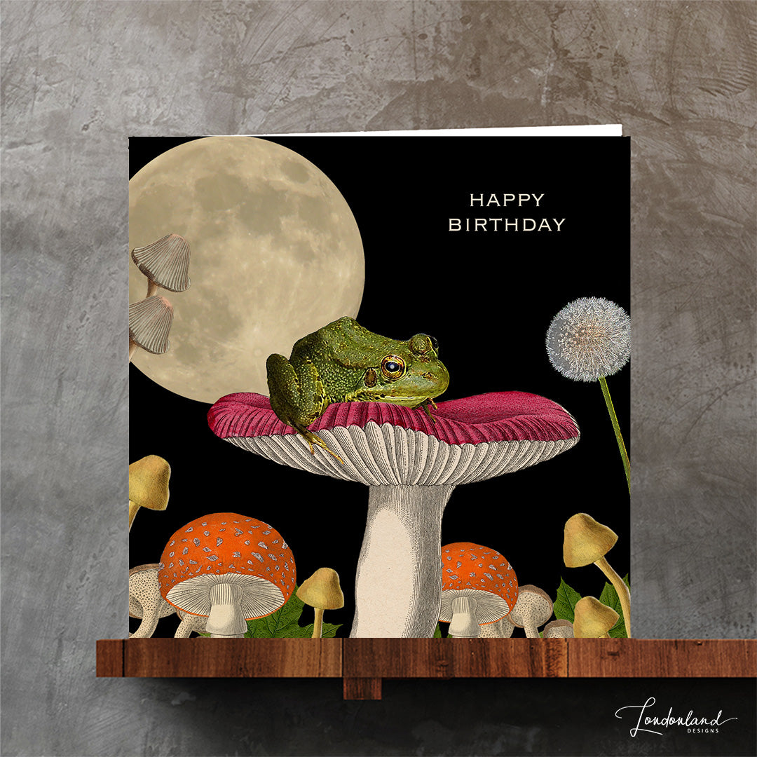 Birthday card with a frog or toad on a mushroom under a full moon, on a black background with toadstools