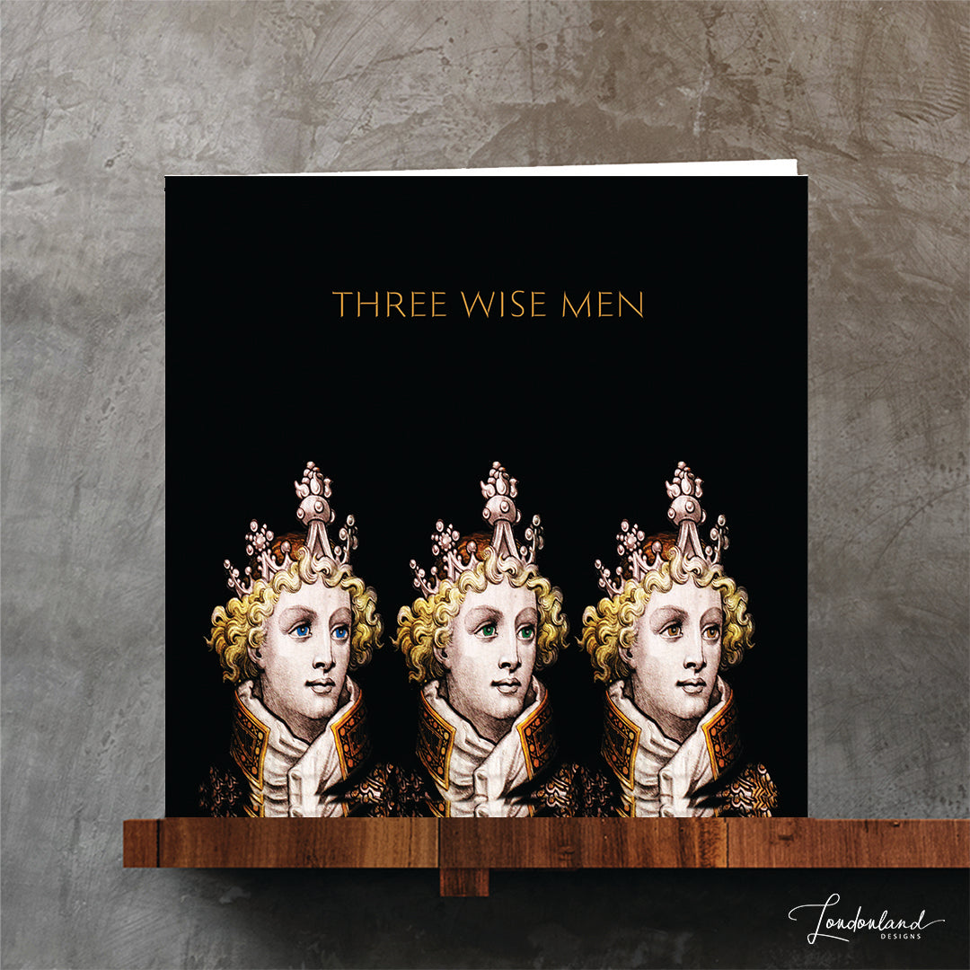 Three Wise Men wearing crowns on a black background. Designer Christmas Card by Londonland Designs
