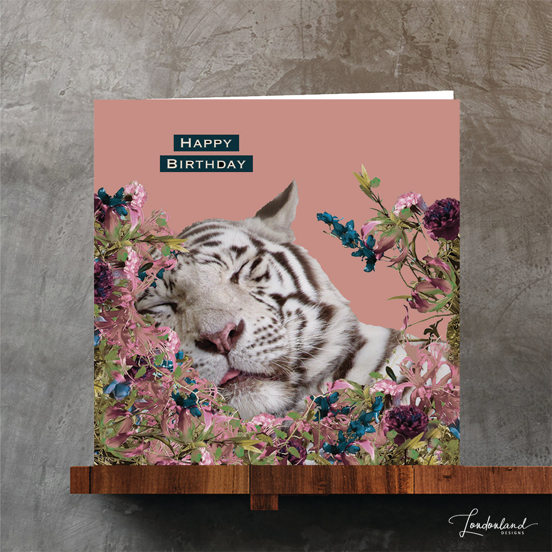 Sleeping snow tiger floral designer birthday card