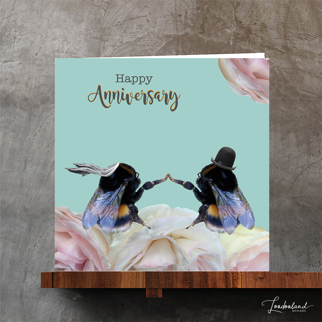 Anniversary Bumble Bees Anniversary Card, holding hands with Veil & Hat
