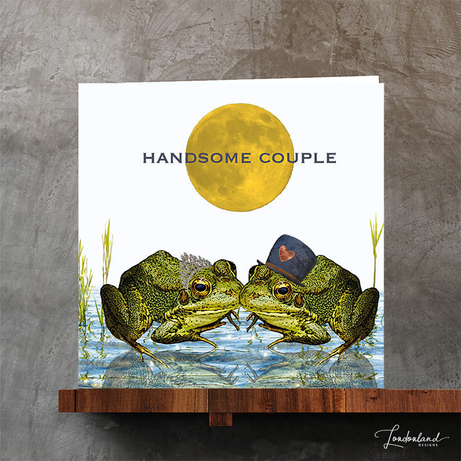 Handsome Couple Wedding Anniversary Engagement Card with Kissing Frogs Toad in a Pond