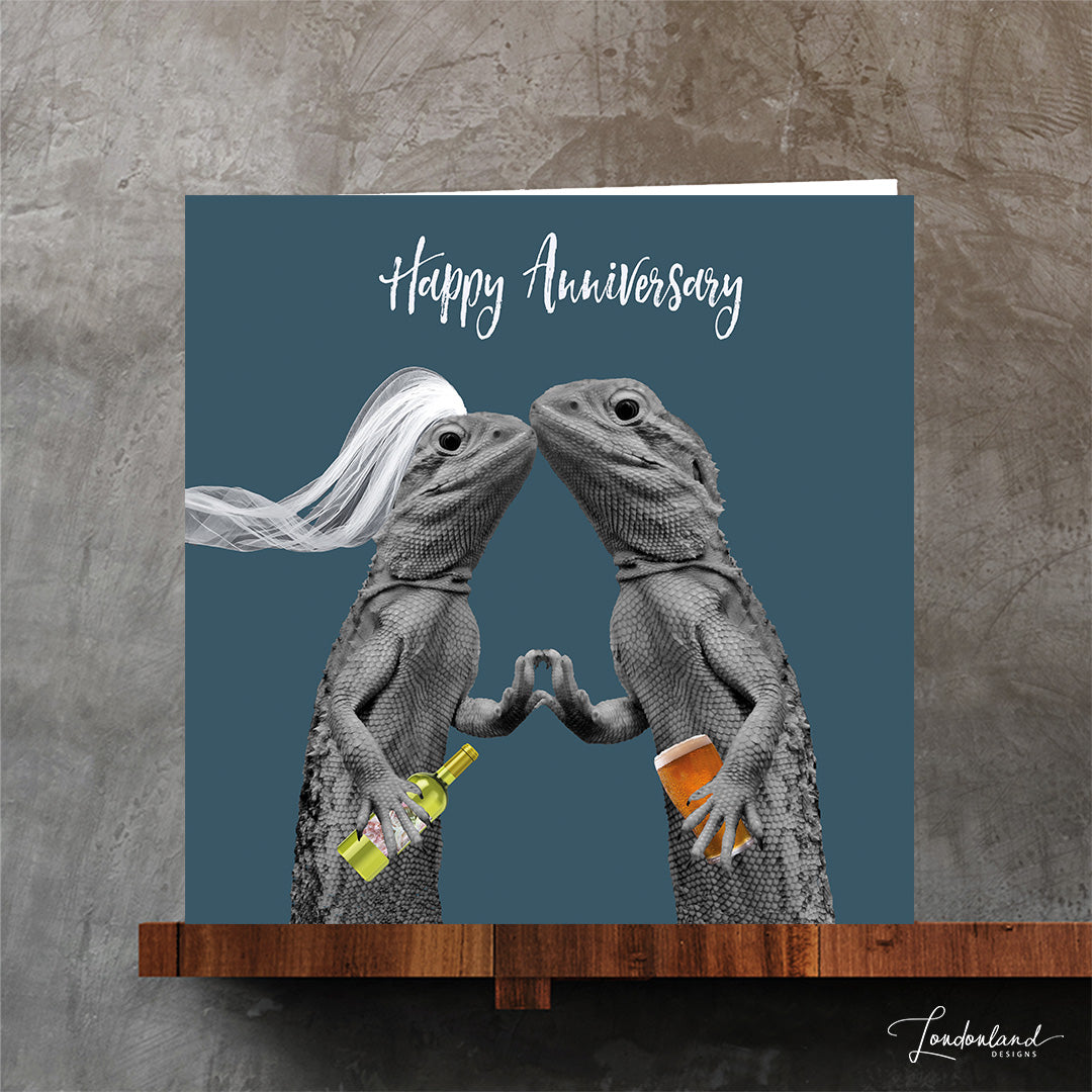 Quirky Anniversary Card | Two lizards with veil and pint | You Old Lizards by Londonland Designs