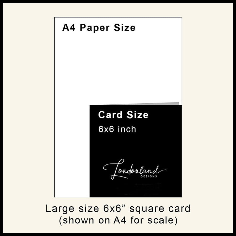 A Londonland Designs product graphic showing an A4 paper size comparison with a square 6x6 inch sample card overlaid. (large size card shown on A4 for scale).