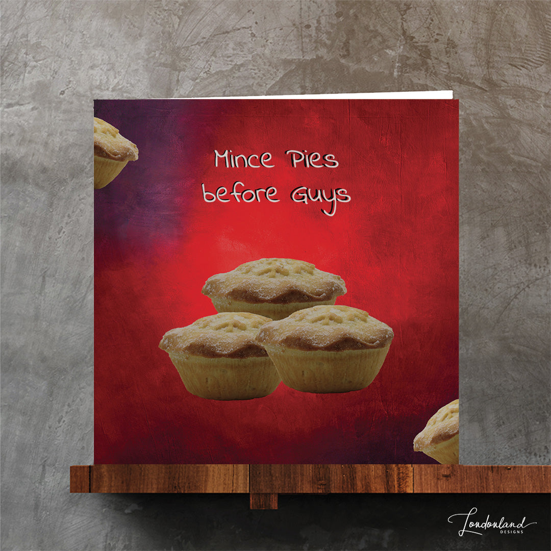 Humorous mince pies red christmas card by Londonland Designs
