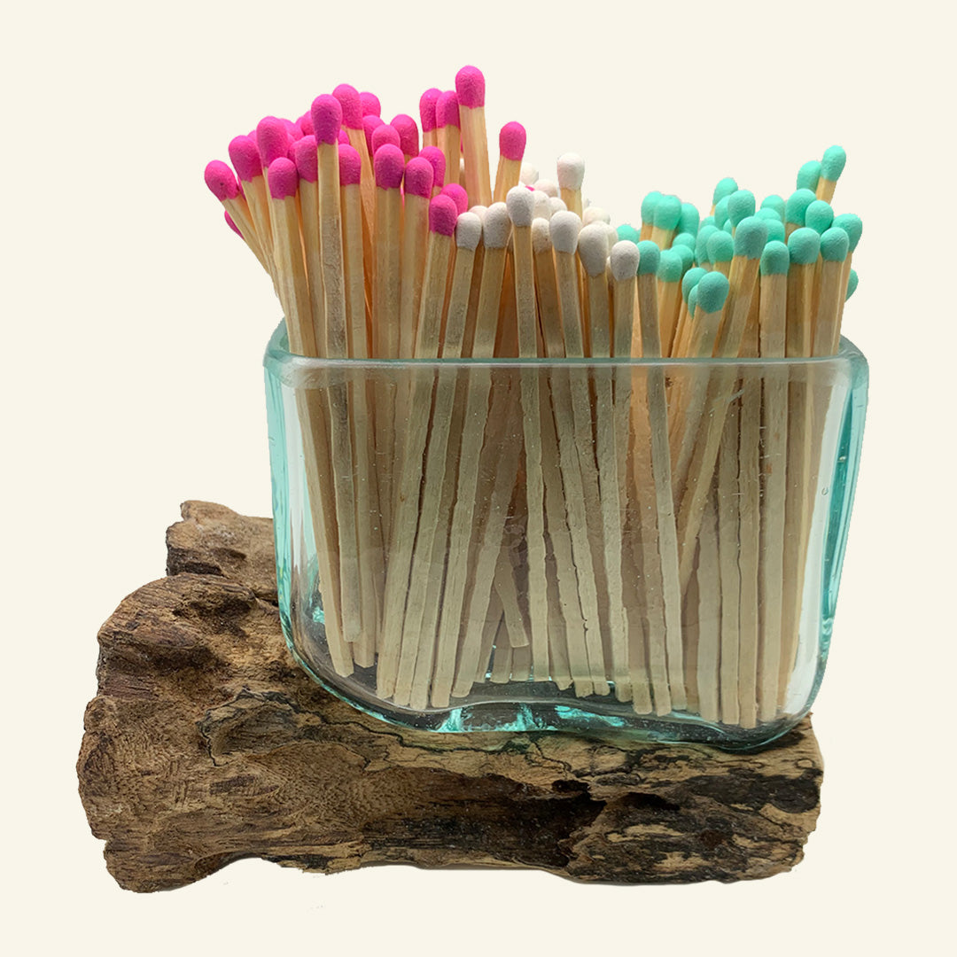 Wood and melted glass small mini bowl for storing large matches