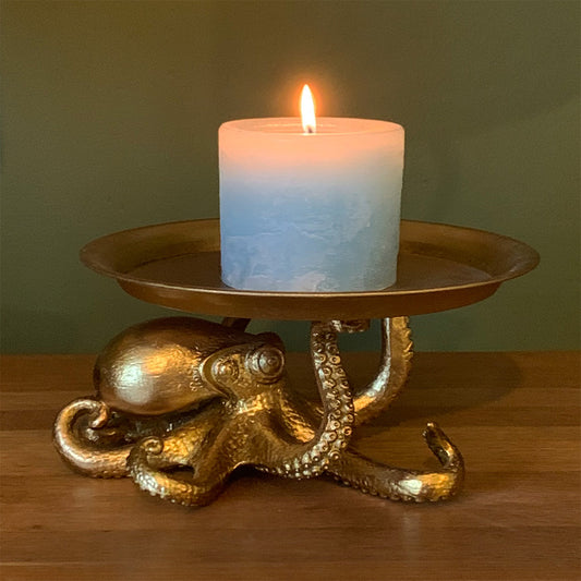 Octopus candle holder plate in antique gold