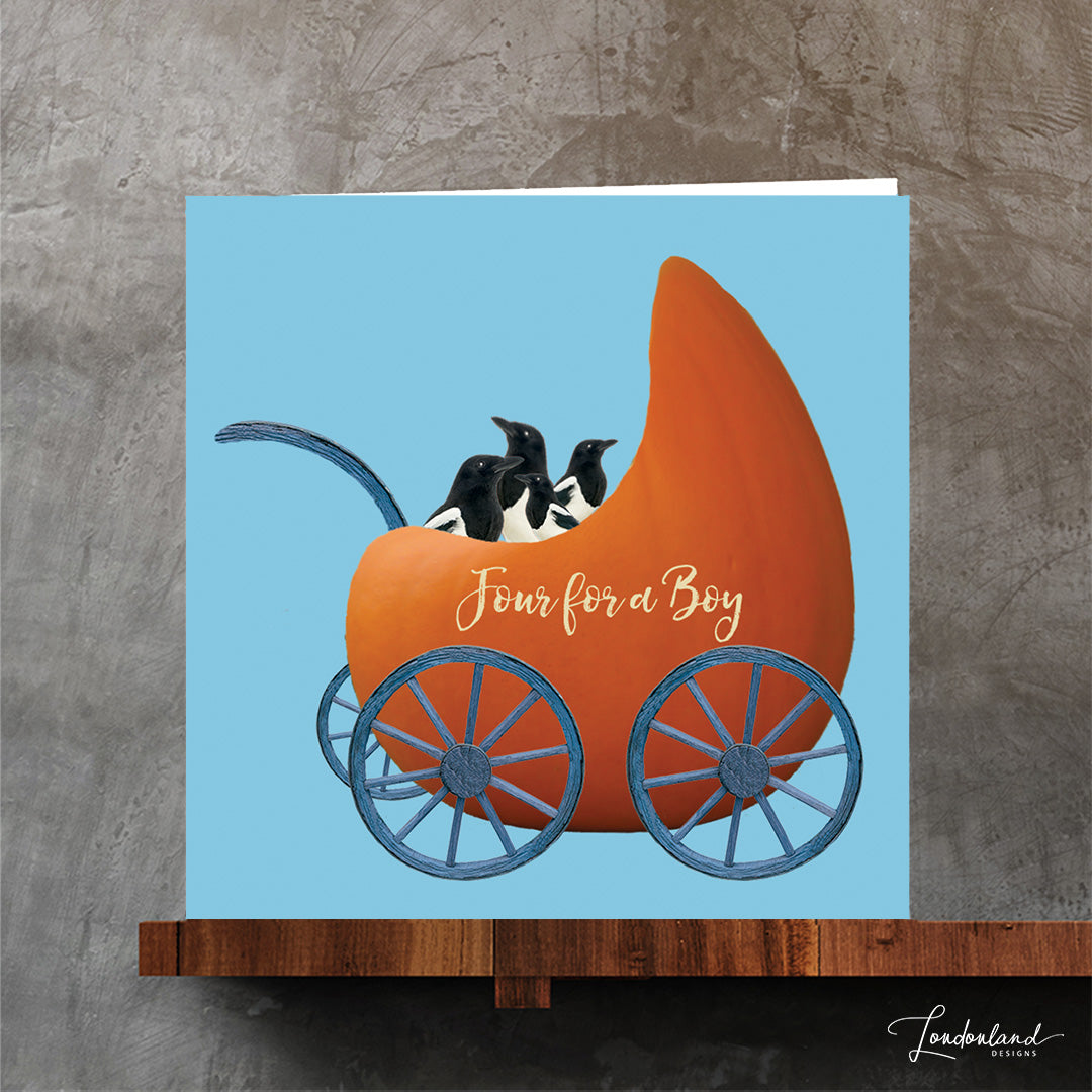 Pumpkin Pram Boy New Baby Card with four magpies