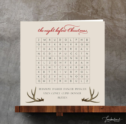 Wordsearch Christmas card with nine reindeer names