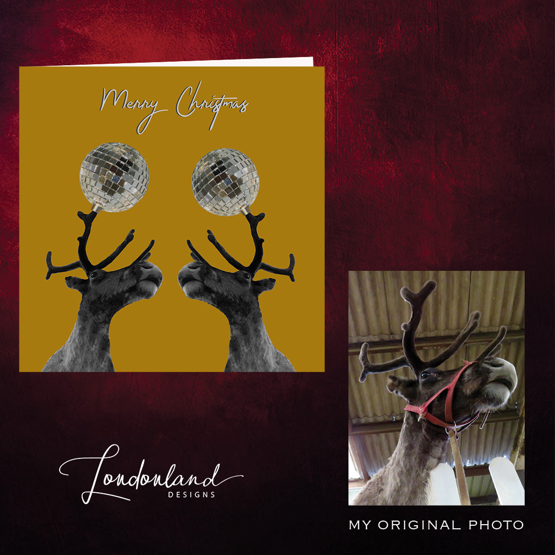 Christmas card with reindeer wearing silver disco balls. Before and after.