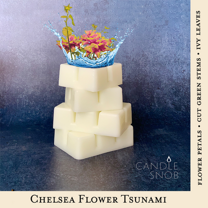 Chelsea Flower Tsunami by Candle Snob. Scented wax melts flower petals, cut green stems & ivy leaves.  Edit alt text