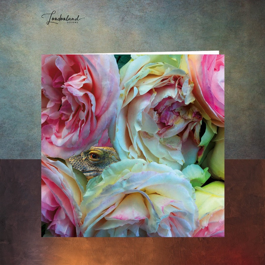 Dino Flowers, reptile dinosaur in roses. quirky Greeting Card