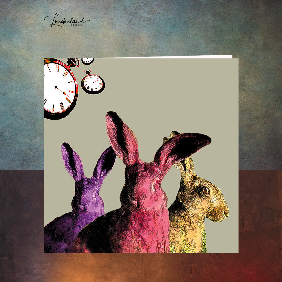 Hares of Windsor, colourful Greeting Card with vintage clocks