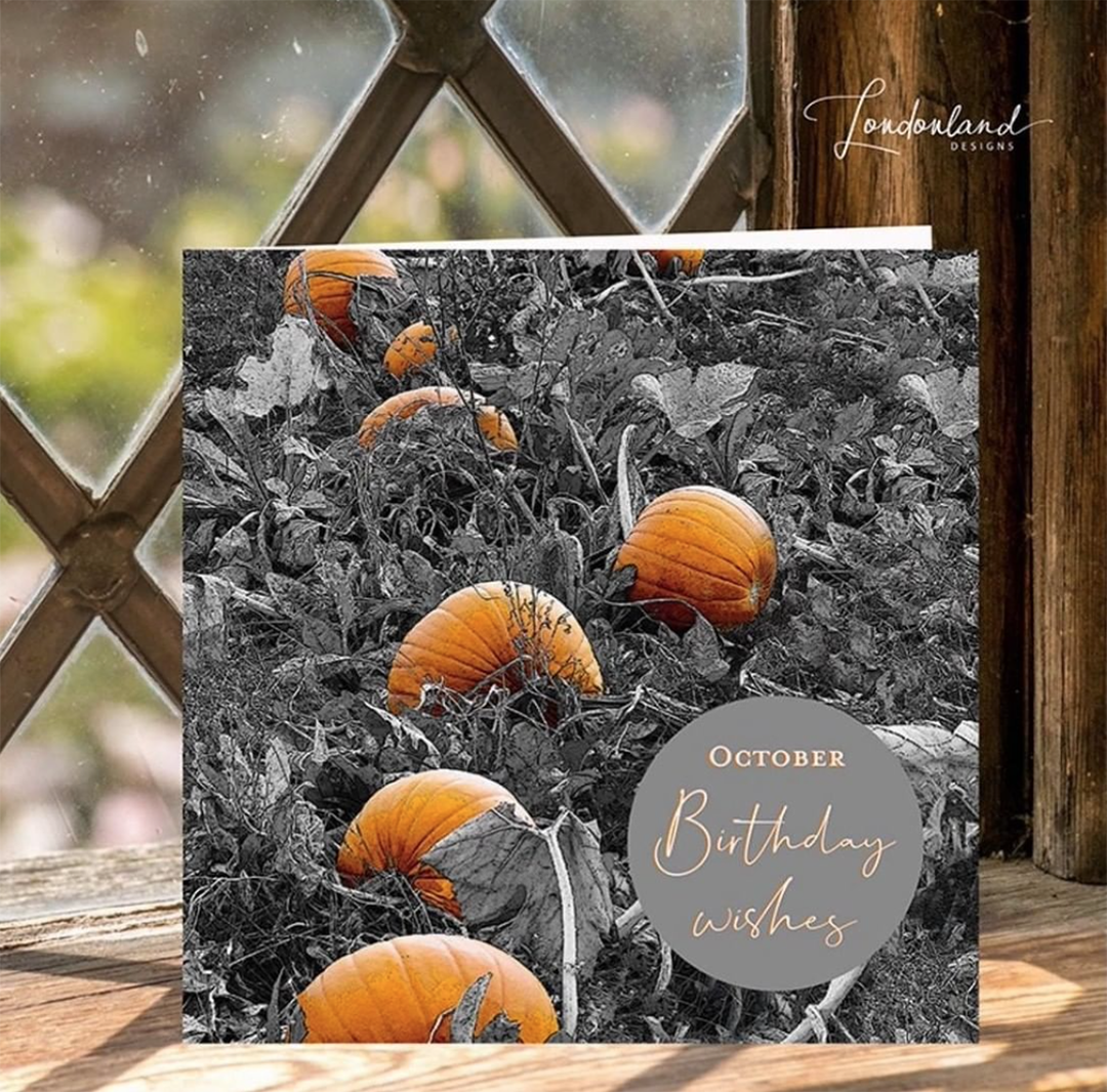 Designer Pumpkin Patch October Birthday Card by Londonland Designs