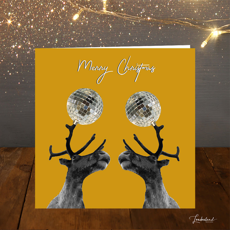 Reindeer Disco Balls mustard yellow Christmas Card