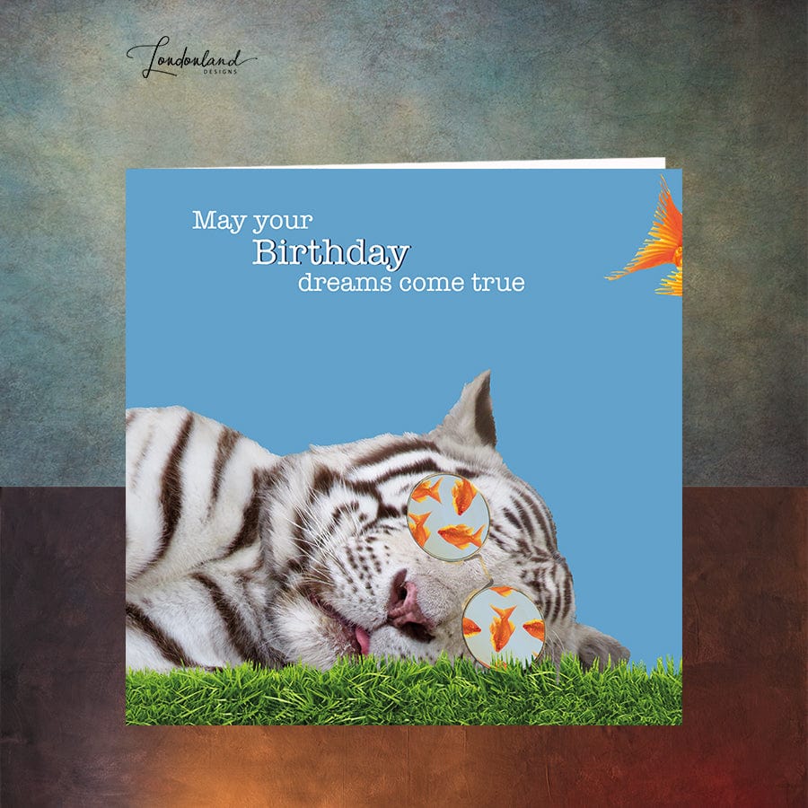 Tiger Dreams birthday card. Sleeping snow tiger dreaming of fish