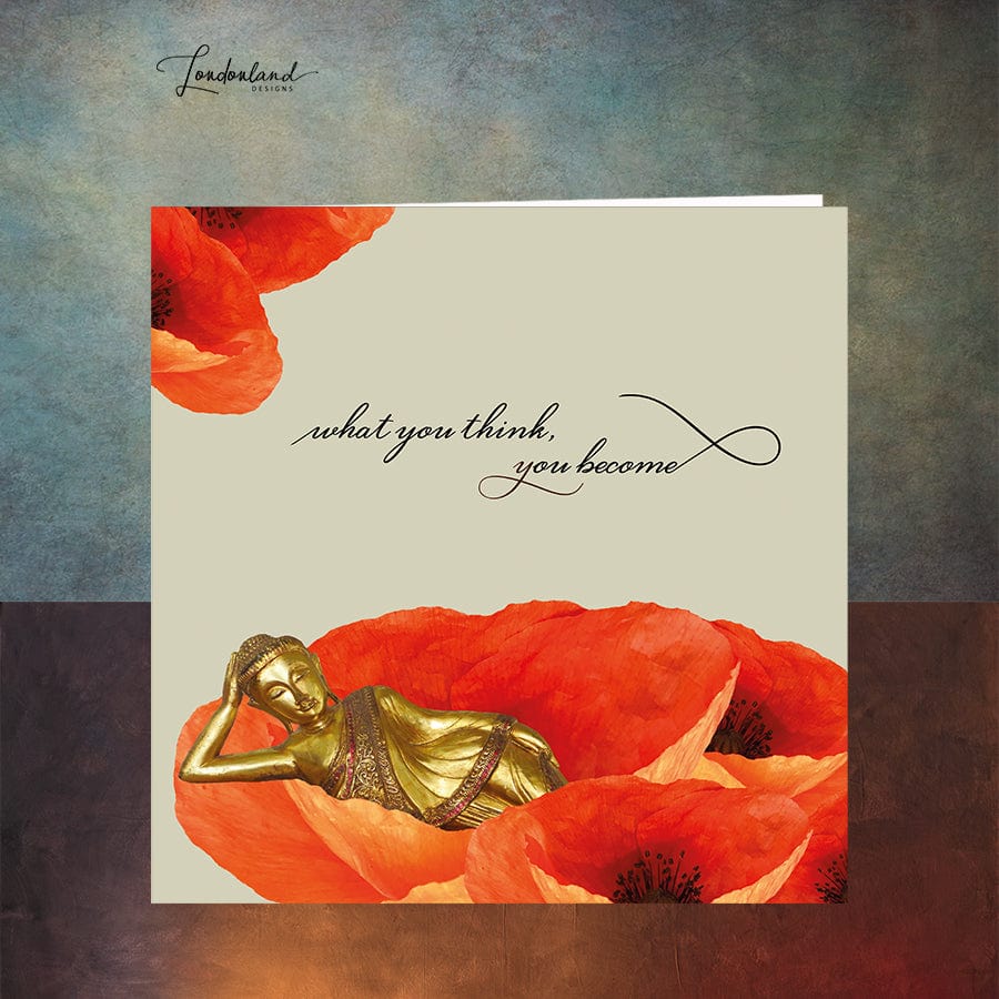 Thinking Buddha, inside Red Poppies, Floral Greeting Card