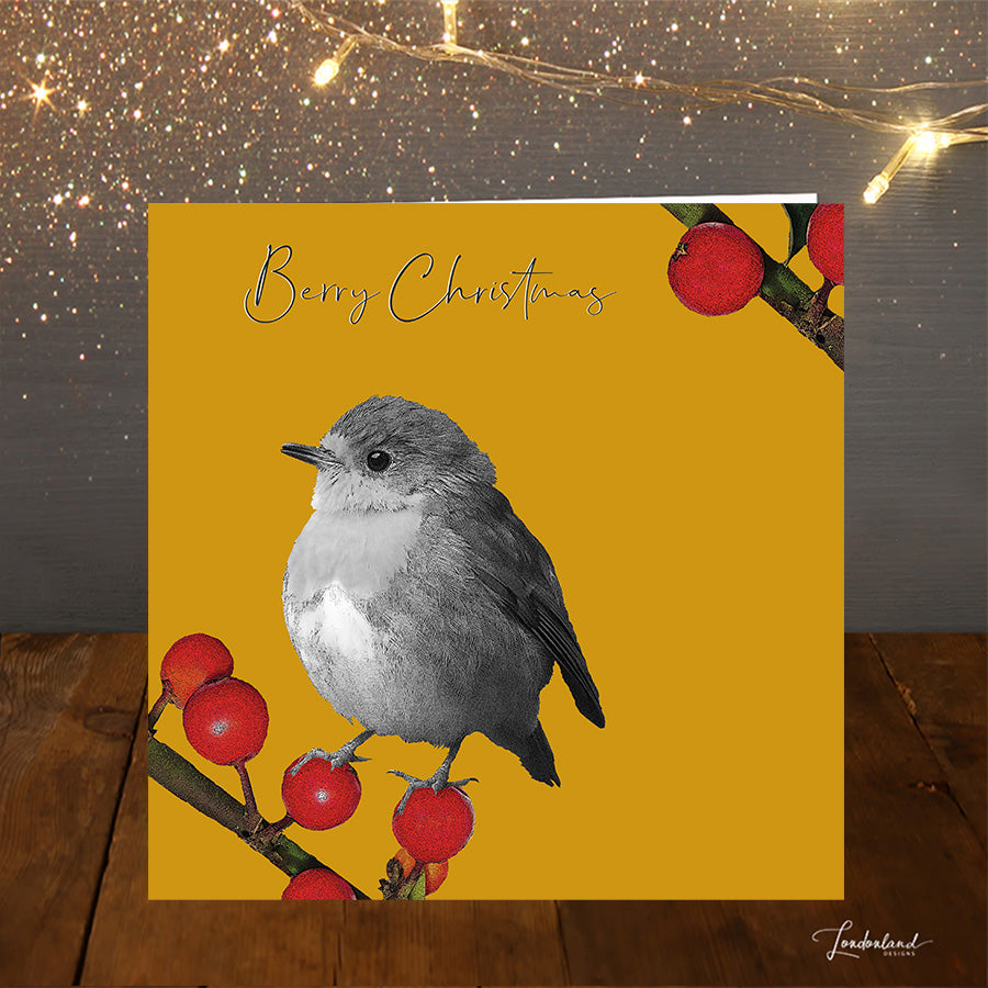 Berry Mustard robin and red berries Christmas Card