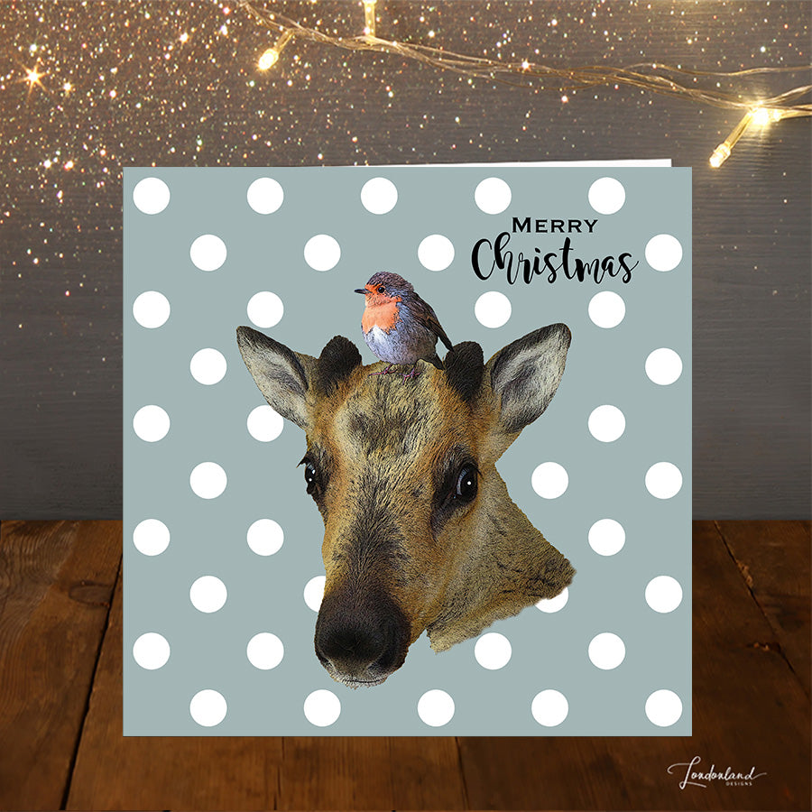 Baby Reindeers Friend blue spotty Christmas Card
