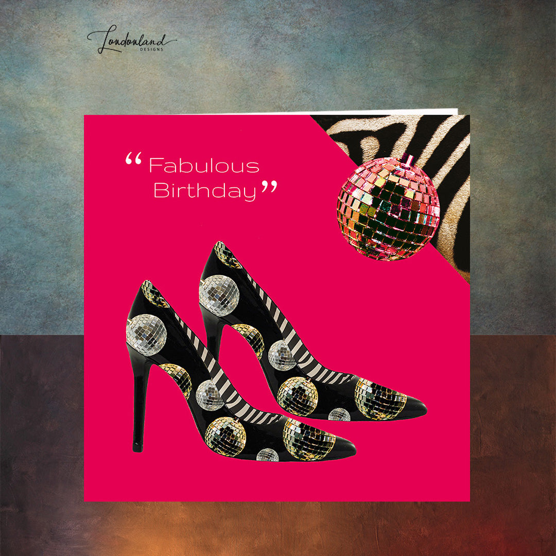 Disco Shoes Birthday Card in bright pink by Londonland Designs | Zebra Print Shoes & disco ball