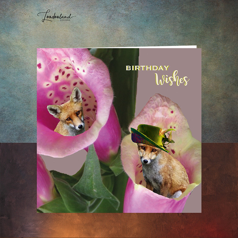 Fancy Foxgloves Birthday Card with foxes inside flowers