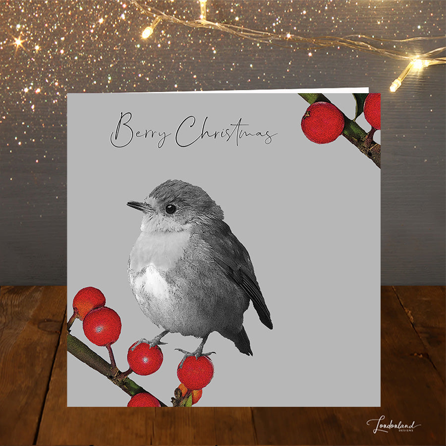 Berry Grey robin and berries Christmas Card