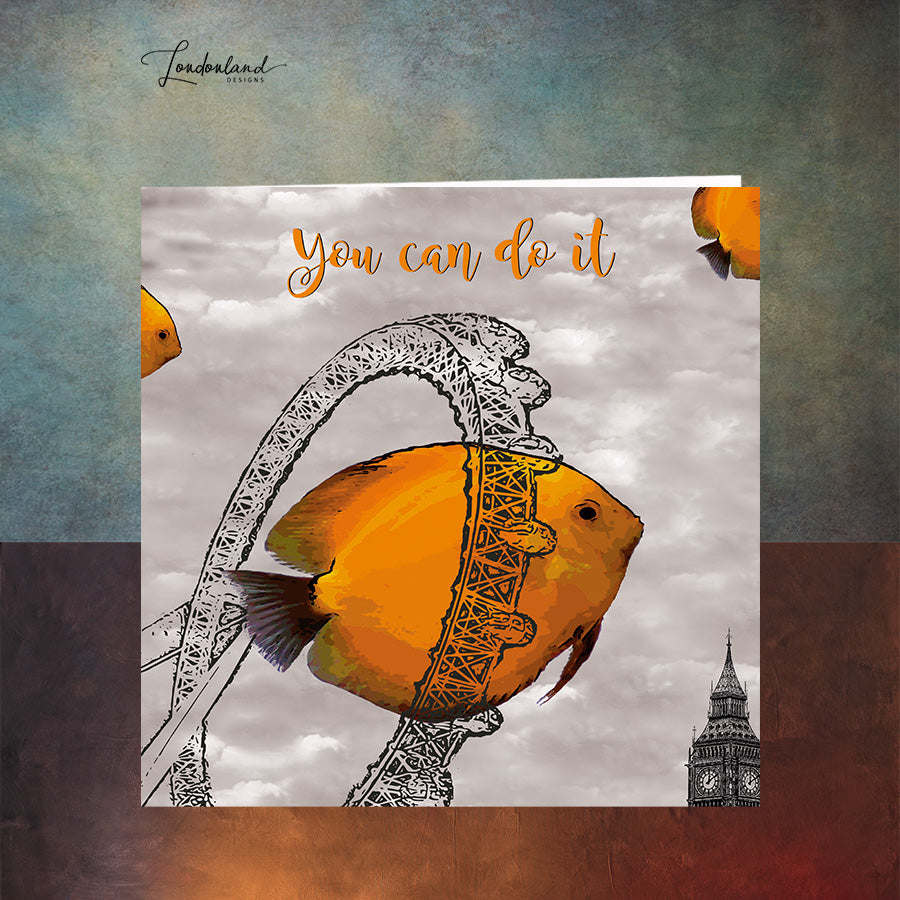 London Luck Good Luck Card. Fish swimming thought the London Eye.