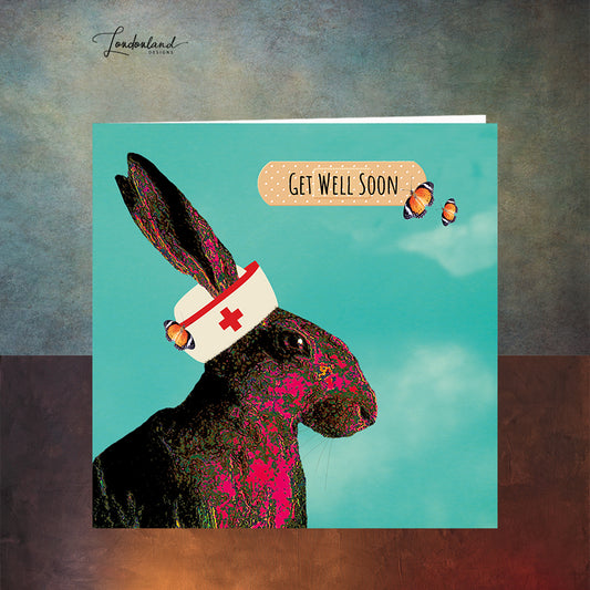 Nurse Hare Get Well Soon Card with Red Cross Hat