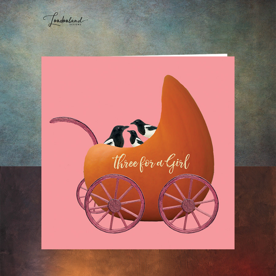 Pumpkin Pram Girl New Baby Card with three magpies