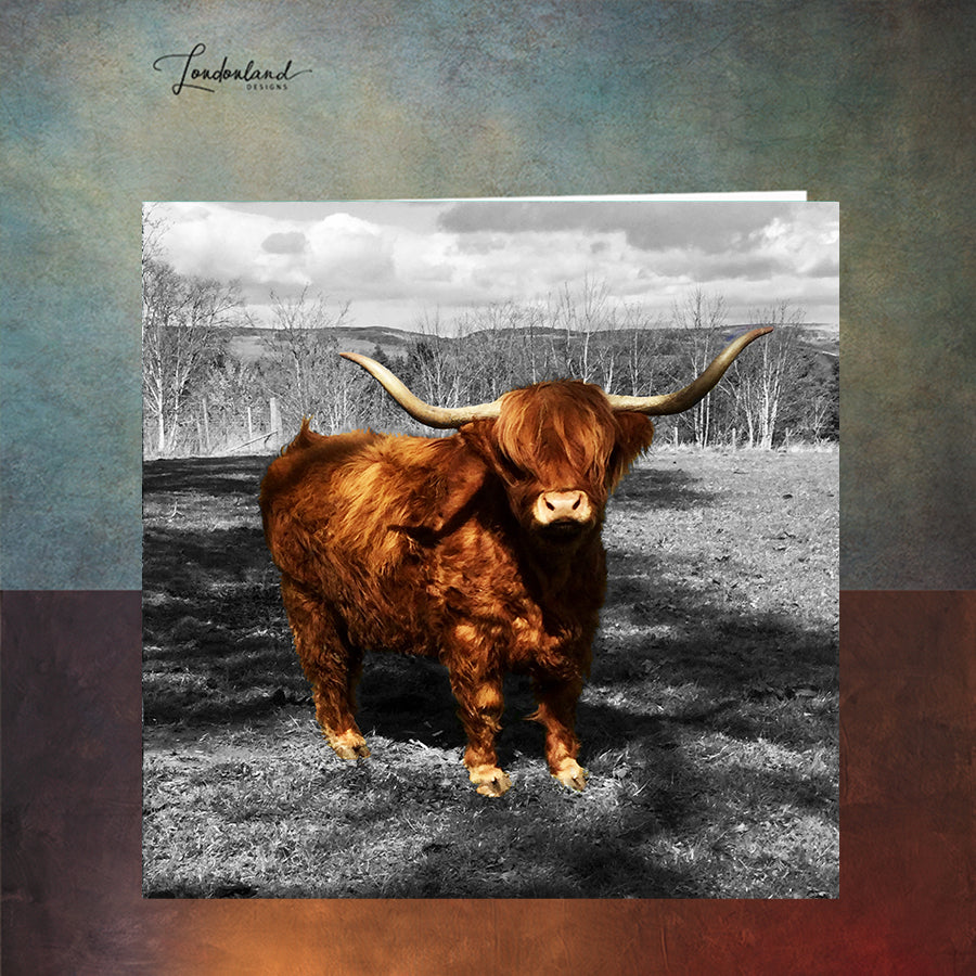 Ginger Moo Greeting Card. Brown Scottish highland cattle.