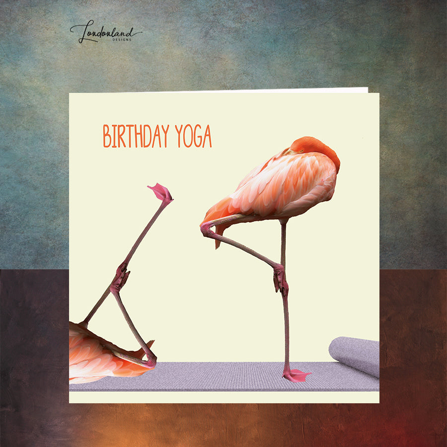 Birthday Yoga, Humorous Flamingo doing yoga poses Birthday Card