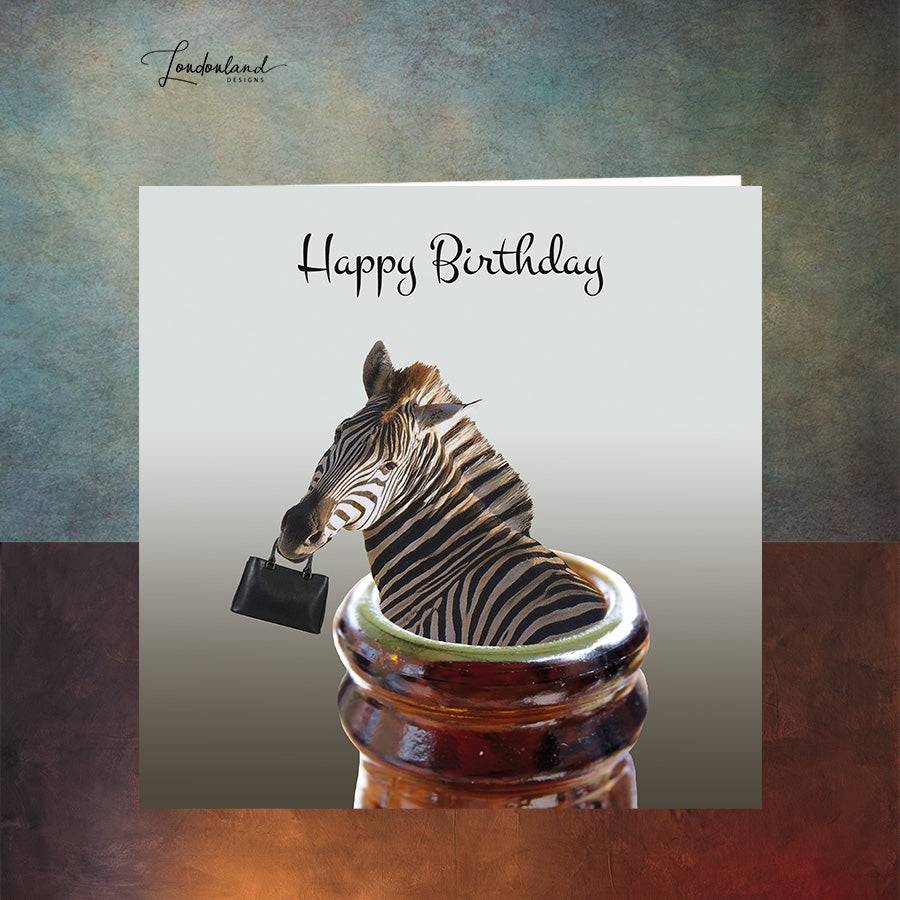 Friday Night Zebra in a beer bottle with handbag Designer Birthday Card