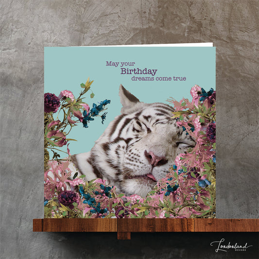 Sleeping snow tiger floral designer birthday card