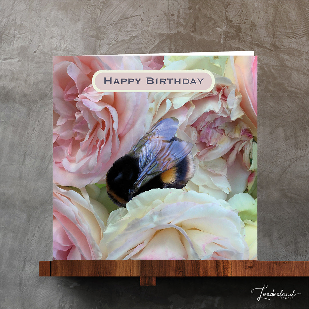 Bumble Rose, Bumble Bee & Pastel Roses Birthday Card