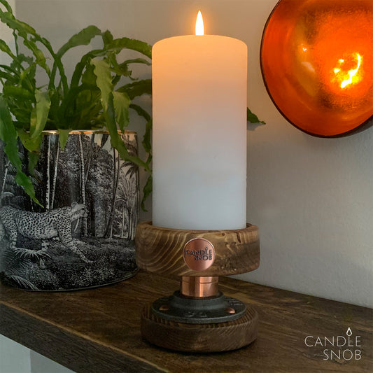Large Recylced Wood, Cast Iron and Copper Metal Pillar Candle Holder Stand by Candle Snob