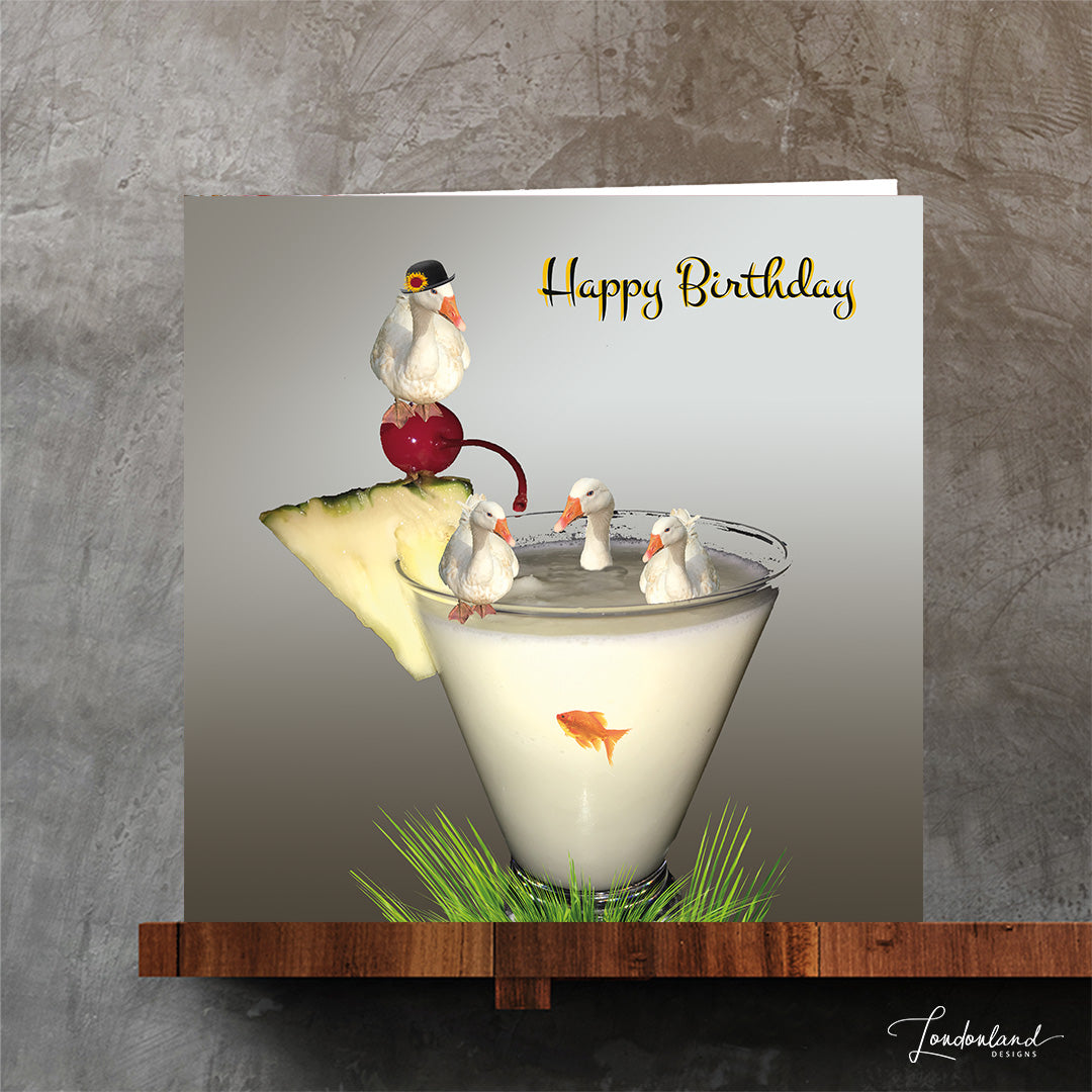 Cocktail Pond Birthday card with geese swimming in a glass of pina colada