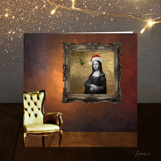 Festive Mona Lisa Christmas Card by Londonland Designs | Artwork on the wall in living room with old chair