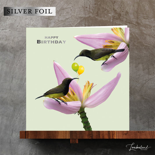 Humming bird silver foil Birthday Card with tropical Thai flowers & balloons