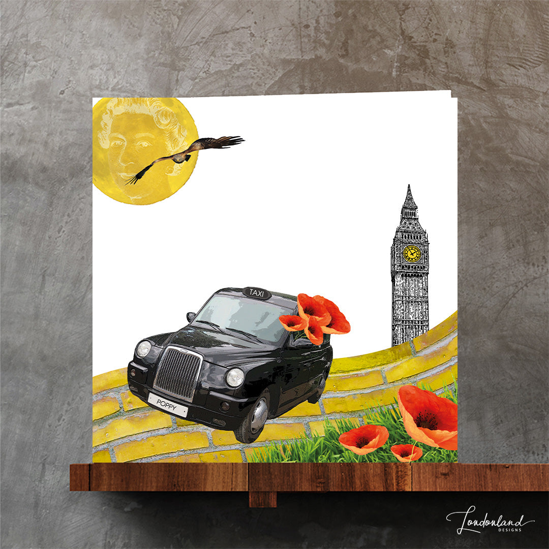 London Poppy greeting card with black taxi cab and big ben