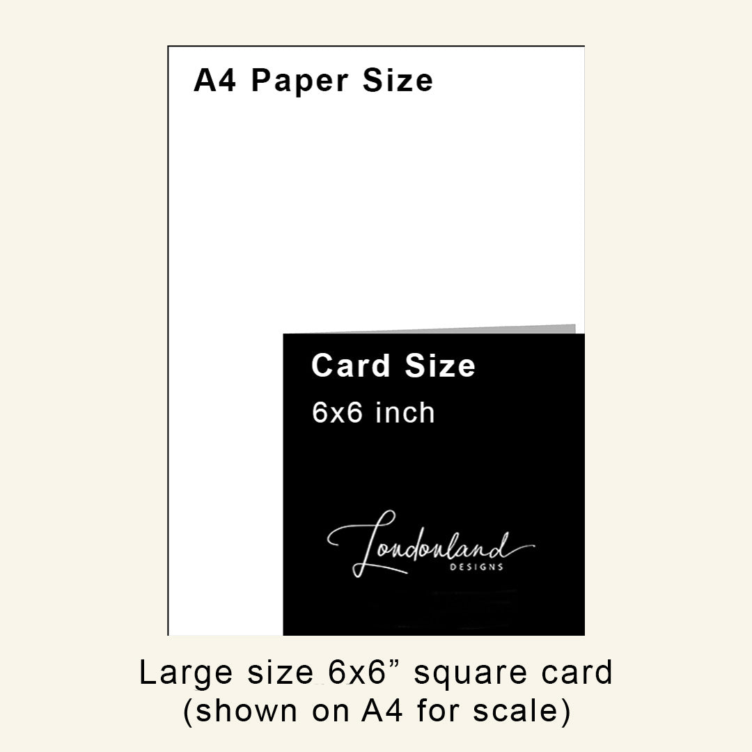 Comparison of A4 paper size with a 6x6 inch card size, showing Londonland Designs branding.