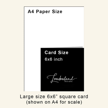 Comparison of A4 paper size with a 6x6 inch card size, showing Londonland Designs branding.