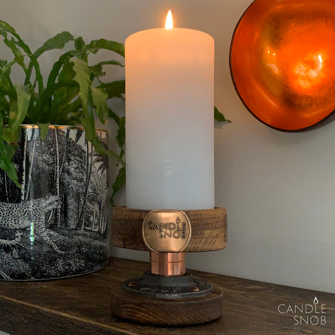 Pillar candle holder in recycled wood, cast iron & copper by Candle Snob