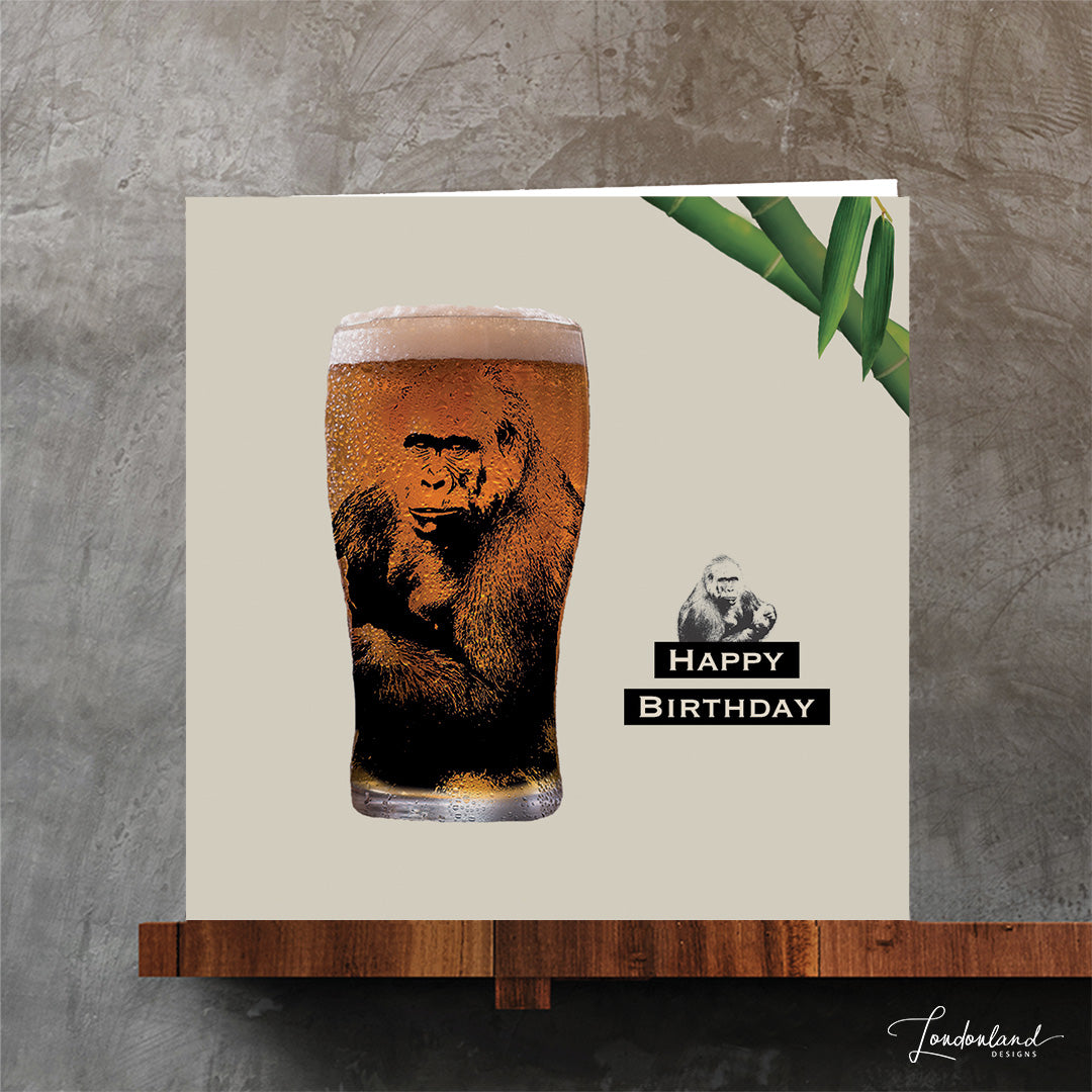 Gorilla in a pint glass male designer birthday card