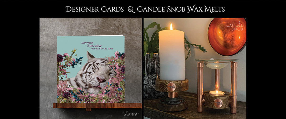 A promotional split image for Londonland Designs cards and candle snob wax melts. The left side shows a greeting card on a wooden shelf. 