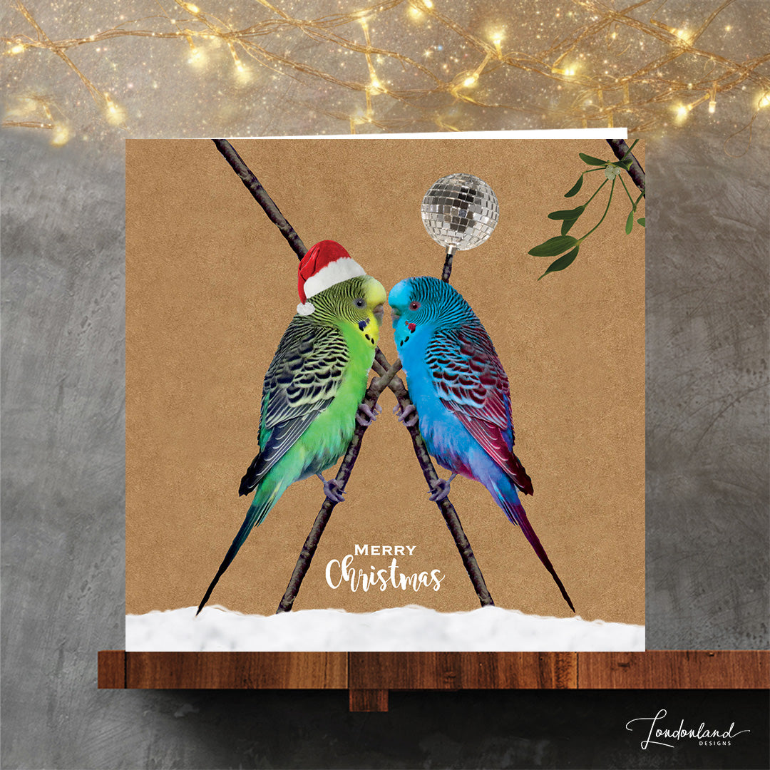 Christmas card with two colorful birds on branches with a silver disco ball, one wearing a Santa hat, on a brown background.
