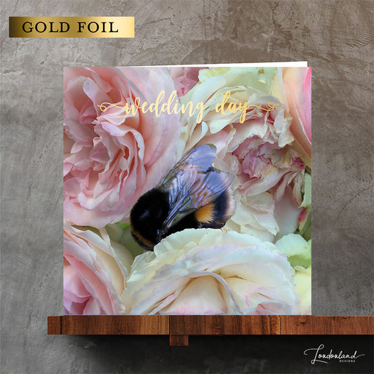 Bumble Bee on Roses 
Gold Foiled Designer Wedding Card